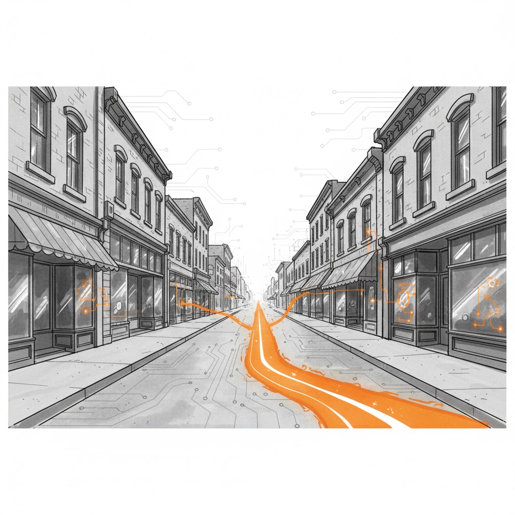 Conceptual sketch of AI integrating with a local main street